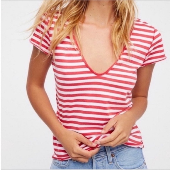 Free People Tops - We the Free Avery tee red white striped v neck cotton